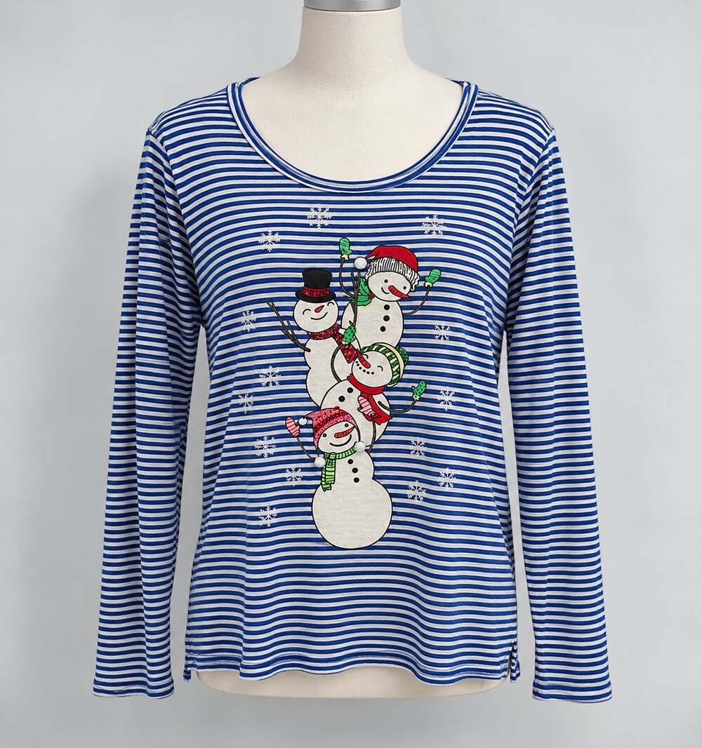 Christmas Snowman Striped Soft Knit Long Sleeve Tee Rebecca Malone Womens XL
